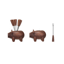 Load image into Gallery viewer, Wood Pig Shaped Holder w/ 6 Appetizer Forks